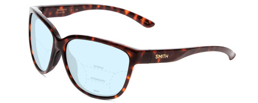 Profile View of Smith Optics Monterey Designer Progressive Lens Blue Light Blocking Eyeglasses in Tortoise Havana Brown Gold Ladies Cateye Full Rim Acetate 58 mm with Blue Light Zone functionality illustration laid over the lens