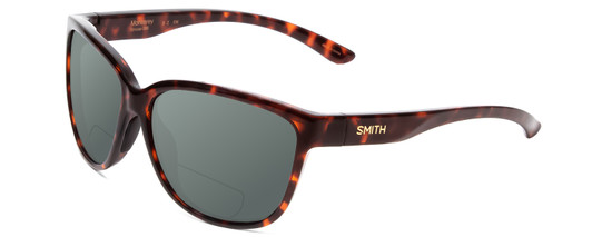Profile View of Smith Optics Monterey Designer Polarized Reading Sunglasses with Custom Cut Powered Smoke Grey Lenses in Tortoise Havana Brown Gold Ladies Cateye Full Rim Acetate 58 mm