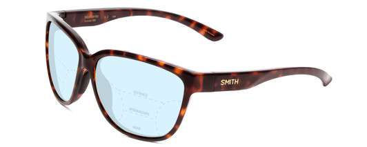 Profile View of Smith Optics Monterey Designer Progressive Lens Blue Light Blocking Eyeglasses in Tortoise Havana Gold Ladies Cateye Full Rim Acetate 58 mm with Blue Light Zone functionality illustration laid over the lens