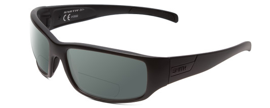 Profile View of Smith Optics Prospect Designer Polarized Reading Sunglasses with Custom Cut Powered Smoke Grey Lenses in Matte Black Unisex Wrap Full Rim Acetate 61 mm
