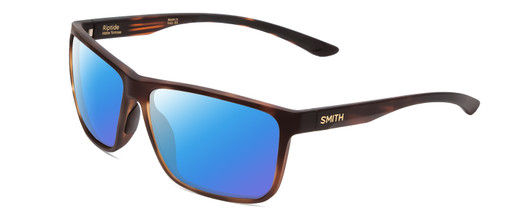 Profile View of Smith Optics Riptide Designer Polarized Sunglasses with Custom Cut Blue Mirror Lenses in Matte Tortoise Havana Gold Unisex Rectangle Full Rim Acetate 61 mm