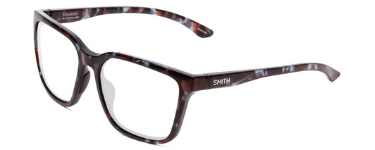 Profile View of Smith Optics Shoutout Designer Progressive Lens Blue Light Blocking Eyeglasses in Sky Tortoise Marble Brown Unisex Retro Full Rim Acetate 57 mm with Blue Light Zone functionality illustration laid over the lens