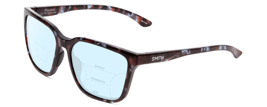 Profile View of Smith Optics Shoutout Designer Progressive Lens Blue Light Blocking Eyeglasses in Sky Tortoise Marble Brown Unisex Retro Full Rim Acetate 57 mm with Blue Light Zone functionality illustration laid over the lens