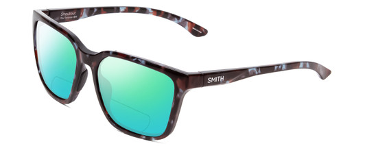 Profile View of Smith Optics Shoutout Designer Polarized Reading Sunglasses with Custom Cut Powered Green Mirror Lenses in Sky Tortoise Marble Brown Unisex Retro Full Rim Acetate 57 mm