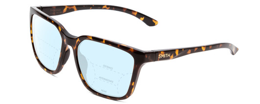 Profile View of Smith Optics Shoutout Designer Progressive Lens Blue Light Blocking Eyeglasses in Vintage Tortoise Havana Gold Unisex Retro Full Rim Acetate 57 mm with Blue Light Zone functionality illustration laid over the lens