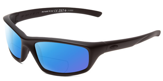 Profile View of Smith Optics Director Designer Polarized Reading Sunglasses with Custom Cut Powered Blue Mirror Lenses in Black Unisex Rectangle Full Rim Acetate 60 mm