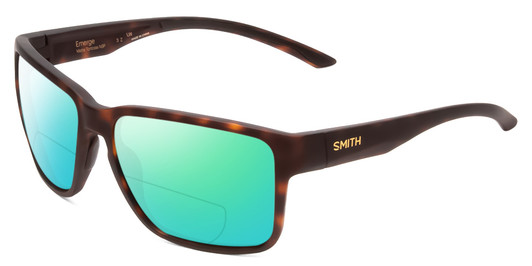 Profile View of Smith Optics Emerge Designer Polarized Reading Sunglasses with Custom Cut Powered Green Mirror Lenses in Matte Tortoise Havana Gold Unisex Square Full Rim Acetate 60 mm
