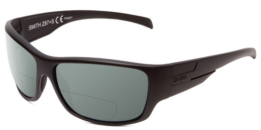 Profile View of Smith Optics Frontman Designer Polarized Reading Sunglasses with Custom Cut Powered Smoke Grey Lenses in Black Unisex Wrap Full Rim Acetate 65 mm