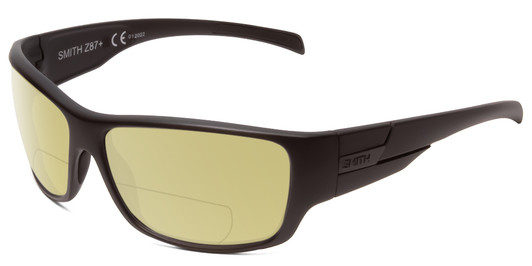 Profile View of Smith Optics Frontman Designer Polarized Reading Sunglasses with Custom Cut Powered Sun Flower Yellow Lenses in Matte Black Unisex Wrap Full Rim Acetate 65 mm