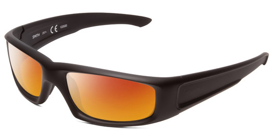 Profile View of Smith Optics Hudson Designer Polarized Sunglasses with Custom Cut Red Mirror Lenses in Black Unisex Rectangle Full Rim Acetate 59 mm