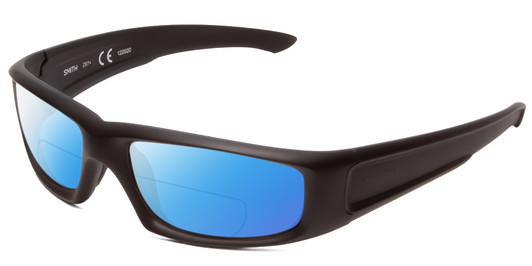 Profile View of Smith Optics Hudson Designer Polarized Reading Sunglasses with Custom Cut Powered Blue Mirror Lenses in Black Unisex Rectangle Full Rim Acetate 59 mm