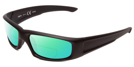 Profile View of Smith Optics Hudson Designer Polarized Reading Sunglasses with Custom Cut Powered Green Mirror Lenses in Black Unisex Rectangle Full Rim Acetate 59 mm