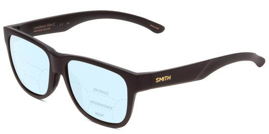 Profile View of Smith Optics Lowdown Slim 2 Designer Progressive Lens Blue Light Blocking Eyeglasses in Matte Black Gold Unisex Classic Full Rim Acetate 53 mm with Blue Light Zone functionality illustration laid over the lens