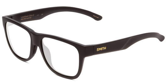 Profile View of Smith Optics Lowdown Slim 2 Designer Progressive Lens Blue Light Blocking Eyeglasses in Matte Black Gold Unisex Classic Full Rim Acetate 53 mm with Blue Light Zone functionality illustration laid over the lens