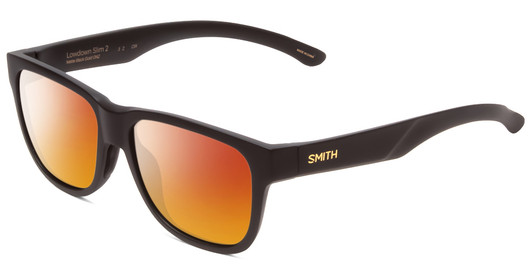 Profile View of Smith Optics Lowdown Slim 2 Designer Polarized Sunglasses with Custom Cut Red Mirror Lenses in Matte Black Gold Unisex Classic Full Rim Acetate 53 mm