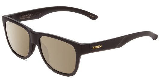 Profile View of Smith Optics Lowdown Slim 2 Designer Polarized Sunglasses with Custom Cut Amber Brown Lenses in Matte Black Gold Unisex Classic Full Rim Acetate 53 mm