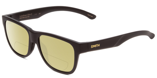 Profile View of Smith Optics Lowdown Slim 2 Designer Polarized Reading Sunglasses with Custom Cut Powered Sun Flower Yellow Lenses in Matte Black Gold Unisex Classic Full Rim Acetate 53 mm