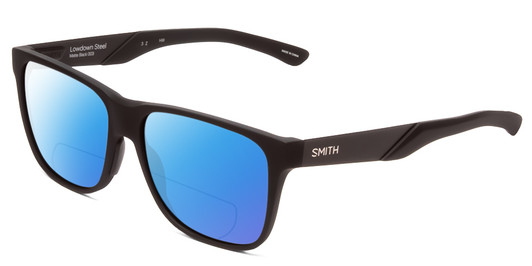 Profile View of Smith Optics Lowdown Steel Designer Polarized Reading Sunglasses with Custom Cut Powered Blue Mirror Lenses in Matte Black Unisex Classic Full Rim Acetate 56 mm