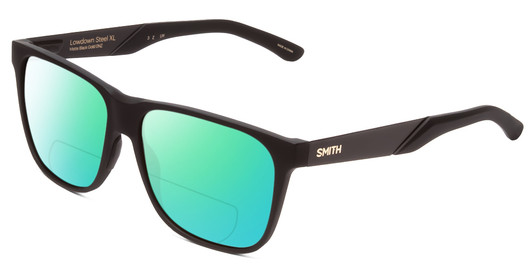 Profile View of Smith Optics Lowdown Steel XL Designer Polarized Reading Sunglasses with Custom Cut Powered Green Mirror Lenses in Matte Black Gold Unisex Classic Full Rim Acetate 59 mm