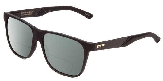 Profile View of Smith Optics Lowdown Steel XL Designer Polarized Reading Sunglasses with Custom Cut Powered Smoke Grey Lenses in Matte Black Gold Unisex Classic Full Rim Acetate 59 mm