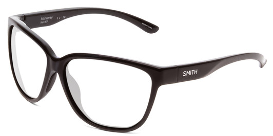 Profile View of Smith Optics Monterey Designer Progressive Lens Blue Light Blocking Eyeglasses in Gloss Black Ladies Cateye Full Rim Acetate 58 mm with Blue Light Zone functionality illustration laid over the lens