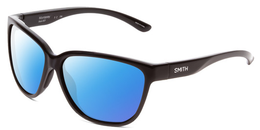 Profile View of Smith Optics Monterey Designer Polarized Sunglasses with Custom Cut Blue Mirror Lenses in Gloss Black Ladies Cateye Full Rim Acetate 58 mm
