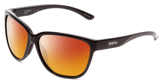 Profile View of Smith Optics Monterey Designer Polarized Sunglasses with Custom Cut Red Mirror Lenses in Gloss Black Ladies Cateye Full Rim Acetate 58 mm