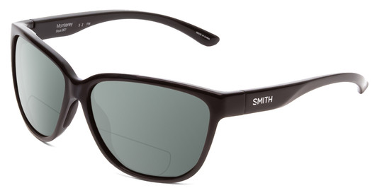Profile View of Smith Optics Monterey Designer Polarized Reading Sunglasses with Custom Cut Powered Smoke Grey Lenses in Gloss Black Ladies Cateye Full Rim Acetate 58 mm