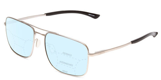 Profile View of Smith Optics Outcome Designer Progressive Lens Blue Light Blocking Eyeglasses in Matte Silver Black Unisex Aviator Full Rim Metal 59 mm with Blue Light Zone functionality illustration laid over the lens