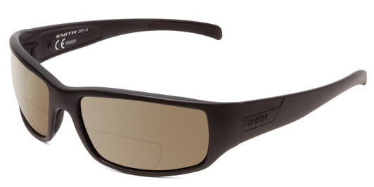Profile View of Smith Optics Prospect Elite Designer Polarized Reading Sunglasses with Custom Cut Powered Amber Brown Lenses in Black Unisex Wrap Full Rim Acetate 60 mm