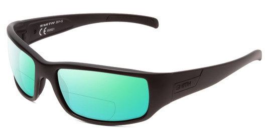 Profile View of Smith Optics Prospect Elite Designer Polarized Reading Sunglasses with Custom Cut Powered Green Mirror Lenses in Black Unisex Wrap Full Rim Acetate 60 mm