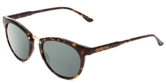 Profile View of Smith Optics Questa Designer Polarized Reading Sunglasses with Custom Cut Powered Smoke Grey Lenses in Vintage Tortoise Havana Brown Gold Ladies Round Full Rim Acetate 50 mm