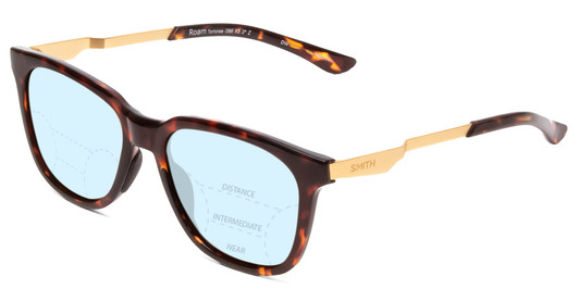 Profile View of Smith Optics Roam Designer Progressive Lens Blue Light Blocking Eyeglasses in Tortoise Havana Gold Unisex Classic Full Rim Acetate 53 mm with Blue Light Zone functionality illustration laid over the lens