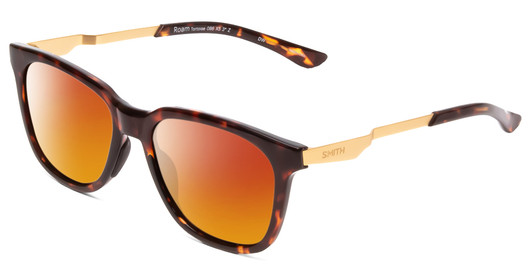 Profile View of Smith Optics Roam Designer Polarized Sunglasses with Custom Cut Red Mirror Lenses in Tortoise Havana Gold Unisex Classic Full Rim Acetate 53 mm