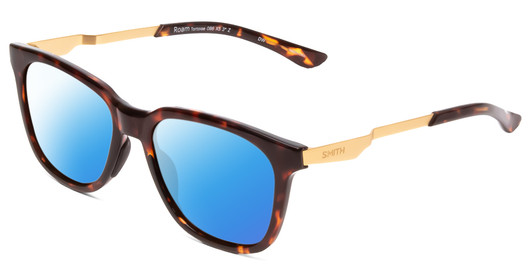 Profile View of Smith Optics Roam Designer Polarized Sunglasses with Custom Cut Blue Mirror Lenses in Tortoise Havana Gold Unisex Classic Full Rim Acetate 53 mm