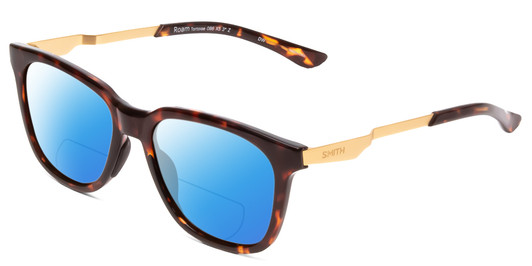 Profile View of Smith Optics Roam Designer Polarized Reading Sunglasses with Custom Cut Powered Blue Mirror Lenses in Tortoise Havana Gold Unisex Classic Full Rim Acetate 53 mm