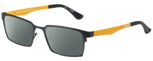 Profile View of Eyebobs Protractor Designer Polarized Sunglasses with Custom Cut Smoke Grey Lenses in Gun Metal Black Mustard Yellow Unisex Square Full Rim Metal 54 mm