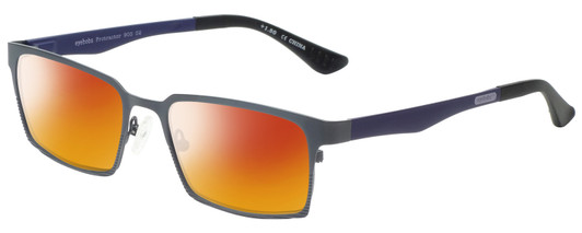 Profile View of Eyebobs Protractor Designer Polarized Sunglasses with Custom Cut Red Mirror Lenses in Gun Metal Black Matte Navy Blue Unisex Square Full Rim Metal 54 mm