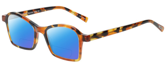 Profile View of Eyebobs Sparkler Designer Polarized Reading Sunglasses with Custom Cut Powered Blue Mirror Lenses in Light Tortoise Havana Brown Gold Crystal Ladies Square Full Rim Acetate 49 mm