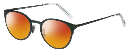 Profile View of Eyebobs Jim Dandy Designer Polarized Sunglasses with Custom Cut Red Mirror Lenses in Satin Forest Green Crystal Unisex Round Full Rim Metal 50 mm