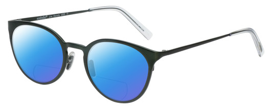 Profile View of Eyebobs Jim Dandy Designer Polarized Reading Sunglasses with Custom Cut Powered Blue Mirror Lenses in Satin Forest Green Crystal Unisex Round Full Rim Metal 50 mm