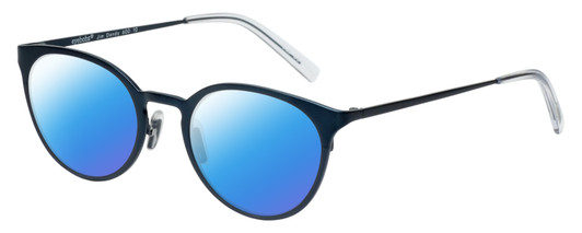 Profile View of Eyebobs Jim Dandy Designer Polarized Sunglasses with Custom Cut Blue Mirror Lenses in Satin Navy Blue Crystal Unisex Round Full Rim Metal 50 mm