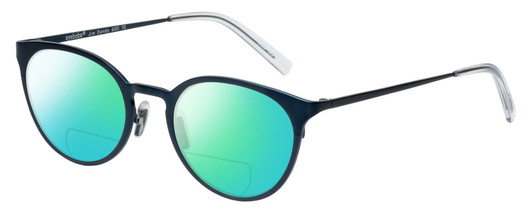 Profile View of Eyebobs Jim Dandy Designer Polarized Reading Sunglasses with Custom Cut Powered Green Mirror Lenses in Satin Navy Blue Crystal Unisex Round Full Rim Metal 50 mm