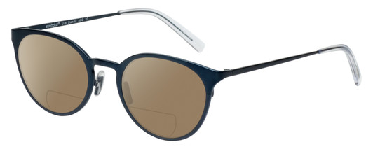 Profile View of Eyebobs Jim Dandy Designer Polarized Reading Sunglasses with Custom Cut Powered Amber Brown Lenses in Satin Navy Blue Crystal Unisex Round Full Rim Metal 50 mm