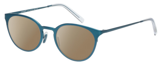 Profile View of Eyebobs Jim Dandy Designer Polarized Sunglasses with Custom Cut Amber Brown Lenses in Satin Teal Blue Crystal Unisex Round Full Rim Metal 50 mm
