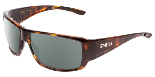 Profile View of Smith Optics Guides Choice Designer Polarized Sunglasses with Custom Cut Smoke Grey Lenses in Tortoise Havana Brown Gold Mens Wrap Full Rim Acetate 62 mm