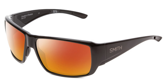 Profile View of Smith Optics Guides Choice Designer Polarized Sunglasses with Custom Cut Red Mirror Lenses in Gloss Black Mens Wrap Full Rim Acetate 62 mm