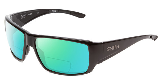Profile View of Smith Optics Guides Choice Designer Polarized Reading Sunglasses with Custom Cut Powered Green Mirror Lenses in Gloss Black Mens Wrap Full Rim Acetate 62 mm