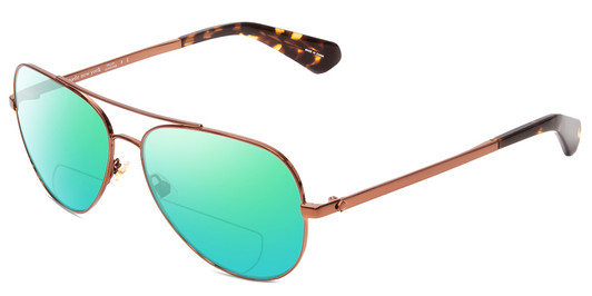Profile View of Kate Spade Avaline2/S Designer Polarized Reading Sunglasses with Custom Cut Powered Green Mirror Lenses in Copper Havana Tortoise Ladies Aviator Full Rim Metal 58 mm