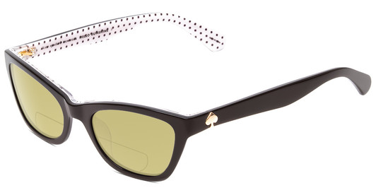 Profile View of Kate Spade Johneta/S Designer Polarized Reading Sunglasses with Custom Cut Powered Sun Flower Yellow Lenses in Black White Polka Dot Ladies Cateye Full Rim Acetate 51 mm
